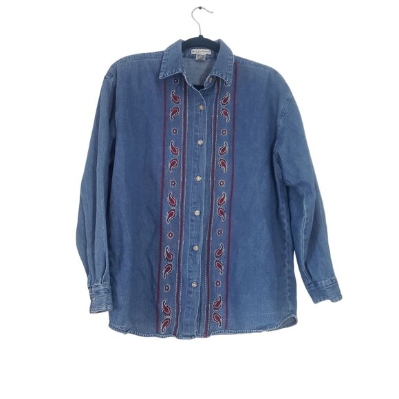 Vintage Womens Denim Embroidery Button Down Shirt Size M Oversize Western Boho - Picture 1 of 7
